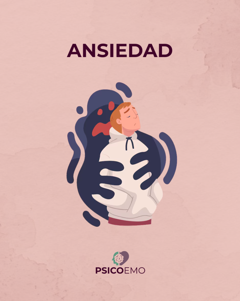 Ilustración de un hombre atrapado por una sombra oscura, representando la sensación de agobio y los síntomas físicos de la ansiedad.